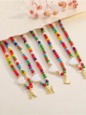 Colorful Beaded Necklace with Heart and Initial Charm